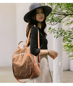 Detail of light brown corduroy backpack with multi-zipper pockets for a retro look