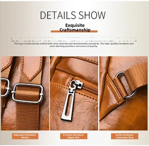 Detail view of silver metal hardware and adjustable buckle on brown leather bag