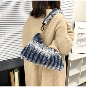 Detail of blue and white gradient woven faux fur shoulder bag with plush texture