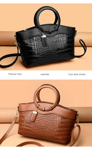 Détails d'un sac en cuir véritable avec motif crocodile et poignées rondes en métal