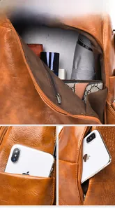 Detail view of large capacity brown PU leather backpack with side pockets and zip front