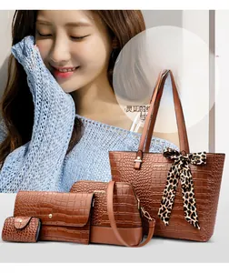 Brown crocodile embossed tote bag set with four pieces and leopard print scarf detail