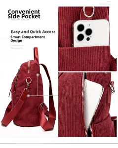 Detail of burgundy corduroy backpack featuring side pockets and organized compartments