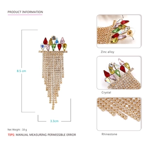 Colorful crystal tassel drop earrings with gold-tone metal chains and multicolored gems