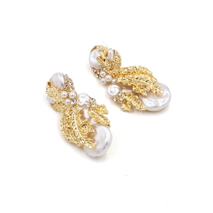 Vintage gold leaf earrings with baroque irregular pearls and sparkling crystals