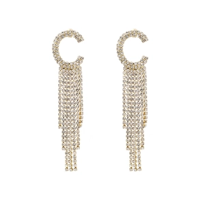 Elegant long tassel chain earrings with shimmering rhinestones and a C-shaped golden base