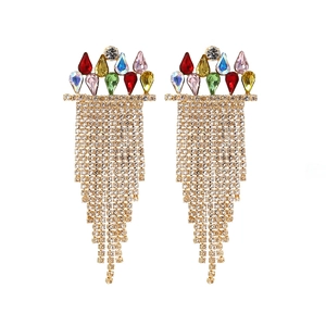 Long Tassel Dangle Earrings Colorful Teardrop Crystal Rhinestone Zinc Alloy Bohemian Style Women Jewelry