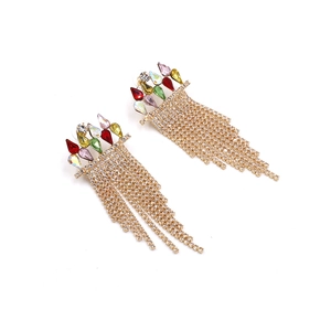 Bohemian style long tassel earrings with multicolored teardrop crystals and gold chains
