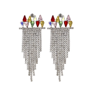 Colorful crystal tassel drop earrings with vibrant water drop stones on silver base