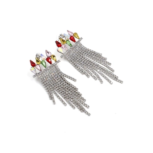 Bohemian colorful crystal drop earrings with sparkling long fringe tassels on white background