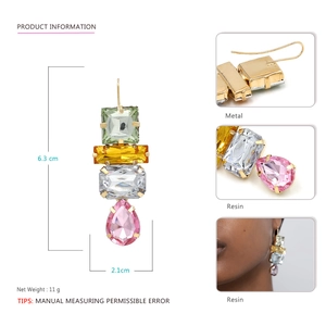 Colorful geometric drop earrings with multicolor resin stones and 6.3cm height dimension