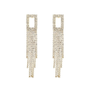 Elegant gold drop earrings with rhinestone tassels and rectangular geometric design