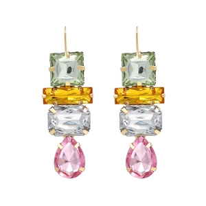Geometric Multi-color Gemstone Drop Earrings Alloy Gold Plated Fashion Statement Hook Jewelry For Women