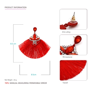 Ethnic style red fan tassel earrings with rhinestones and zinc alloy studs for women
