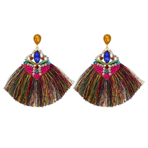 Bohemian Tassel Earrings Long Fan Shaped Alloy Rhinestone Ethnic Style Dangle Jewelry For Women