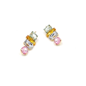 Colorful geometric gemstone drop earrings with gold plating and multicolor crystals