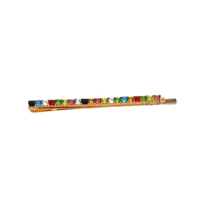 Rainbow crystal hair clip set with colorful rhinestones on a gold metal base