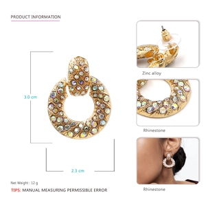 Vintage gold alloy round drop earrings with multi-color rhinestones measuring 3.0x2.3cm