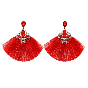 Exaggerated bohemian red tassel earrings with sparkling rhinestones and teardrop gems