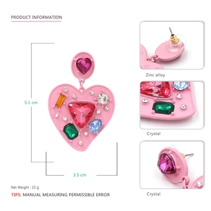Pink heart crystal earrings in zinc alloy with colorful stones and detailed measurements