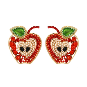 Apple Shaped Stud Earrings Alloy Rhinestone Imitation Artificial Pearl Fruit Series Colorful Jewelry For Women