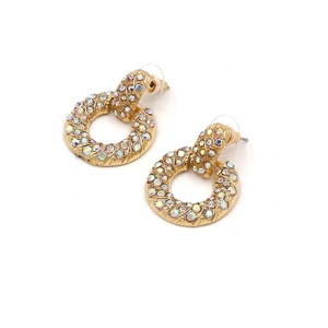 Macro view of gold round alloy earrings featuring AB iridescent rhinestones with pin closure