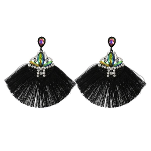 Bohemian tassel earrings with colorful rhinestones and black fringe in a fan shape