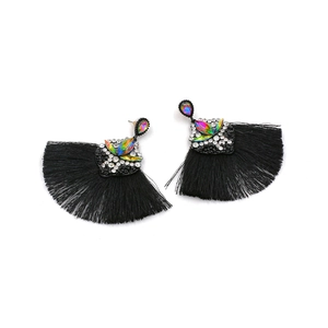 Detail of bohemian black fan tassel earrings with rainbow stone and rhinestones