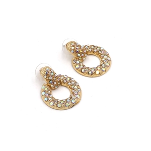 Vintage round gold alloy earrings with AB crystal rhinestones and textured metal design