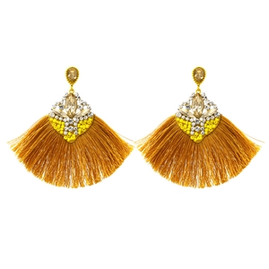 Ethnic bohemian style tassel earrings with yellow beads and sparkling rhinestones