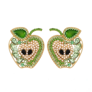 Artistic apple stud earrings with green rhinestones and pearls on a gold base