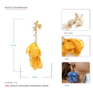 Handmade fabric flower earrings with pearls and crystals hanging on gold tassels