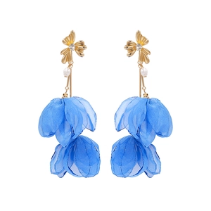 Elegant Chiffon Fabric Flower Drop Earrings With Alloy Rhinestone And Faux Artificial Pearl Long Tassel Bohemian Style For Women