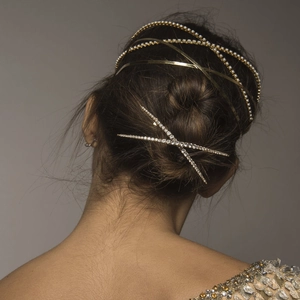 Elegant gold multi-layer pearl headband and X-shaped rhinestone hair clip set for women
