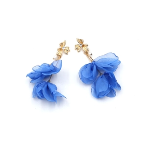 Detail of royal blue fabric flower earrings with faux pearls and sparkling rhinestones