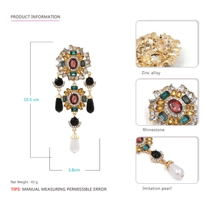 Long vintage gold-tone earrings with colorful crystals and pearl drop pendant