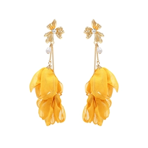Handmade fabric flower earrings with pearls and crystals in a long tassel design