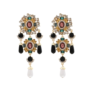 Baroque Colorful Rhinestone Flower Long Drop Earrings With White Faux Artificial Pearl Alloy Retro Jewelry Women Wedding