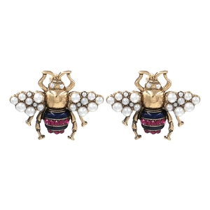 Vintage Bee Stud Earrings Alloy Imitation Artificial Pearl Rhinestones Enamel Jewelry For Women Ornate Elegant Style