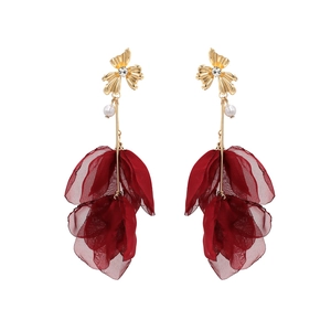 Handmade fabric flower earrings with gold metal, pearls and crystals in a long dangle style