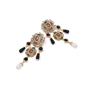 Vintage gold chandelier earrings with colorful crystals, black drops and white pearls