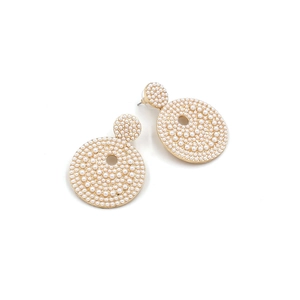 Baroque style gold-tone dangle earrings with pavé white pearls in a layered round design