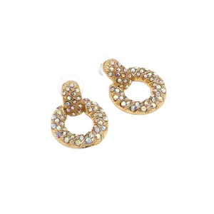 Retro round alloy drop earrings with iridescent AB rhinestones on a gold base