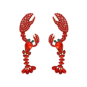 Creative Lobster Drop Earrings Gold Plated Alloy Red Rhinestone Exaggerated Animal Fashion Statement Jewelry For Women