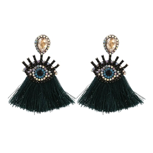 Vintage evil eye tassel earrings with blue gemstones and champagne crystal drops