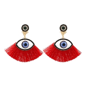 Fashionable Evil Eye tassel earrings with sparkling rhinestones and red fringe accents