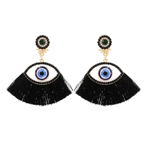 Fashionable evil eye tassel earrings with green crystal and black fringe for women