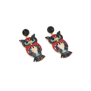 Boucles d'oreilles hibou bohème avec perles colorées et strass émeraude étincelants