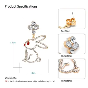 Boucles d'oreilles lapin étincelantes avec strass blancs et yeux en cristal rouge, 7,2x4,1cm