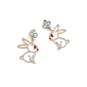 Boucles d'oreilles lapin étincelantes avec cristaux blancs et yeux en pierre rouge